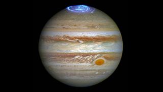 A composite image of auroras on Jupiter, taken using the Hubble Space Telescope's Imaging Spectrograph.