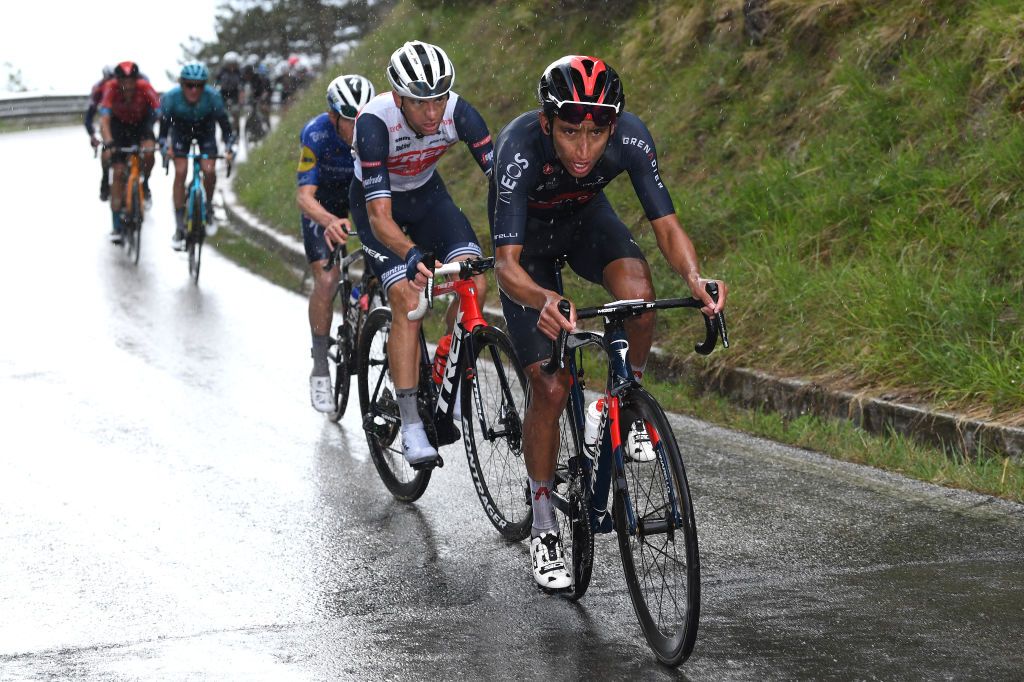 ASCOLI PICENO SAN GIACOMO ITALY MAY 13 Egan Arley Bernal Gomez of Colombia and Team INEOS Grenadiers Giulio Ciccone of Italy and Team Trek Segafredo in breakaway during the 104th Giro dItalia 2021 Stage 6 a 160km stage from Grotte di Frasassi to Ascoli Piceno San Giacomo 1090m girodiitalia Giro UCIworldtour on May 13 2021 in Ascoli Piceno San Giacomo Italy Photo by Tim de WaeleGetty Images