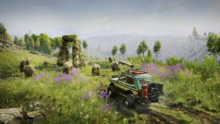 Expeditions A MudRunner game screenshot showing a four-wheel drive truck and a stonehenge-like landscape feature