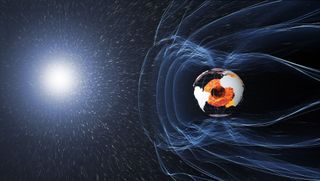 An artist's depiction of Earth's magnetic field protecting the planet.