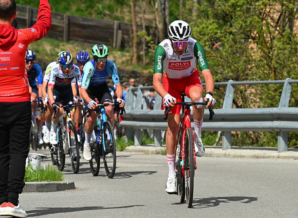 STERZING ITALY APRIL 22 Davide Piganzoli of Italy and Team Polti VisitMalta attacks in the breakaway during the 45th Tour of the Alps 2025 Stage 2 a 178km stage from Mezzolombardo to Sterzing 948m UCIWT on April 22 2025 in Sterzing Italy Photo by Tim de WaeleGetty Images