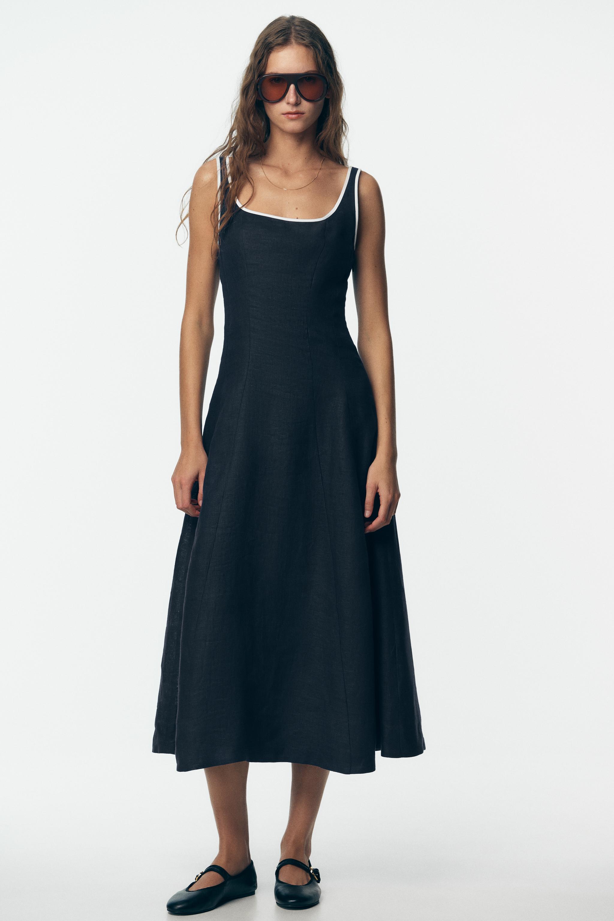 Contrast Trim Linen Midi Dress