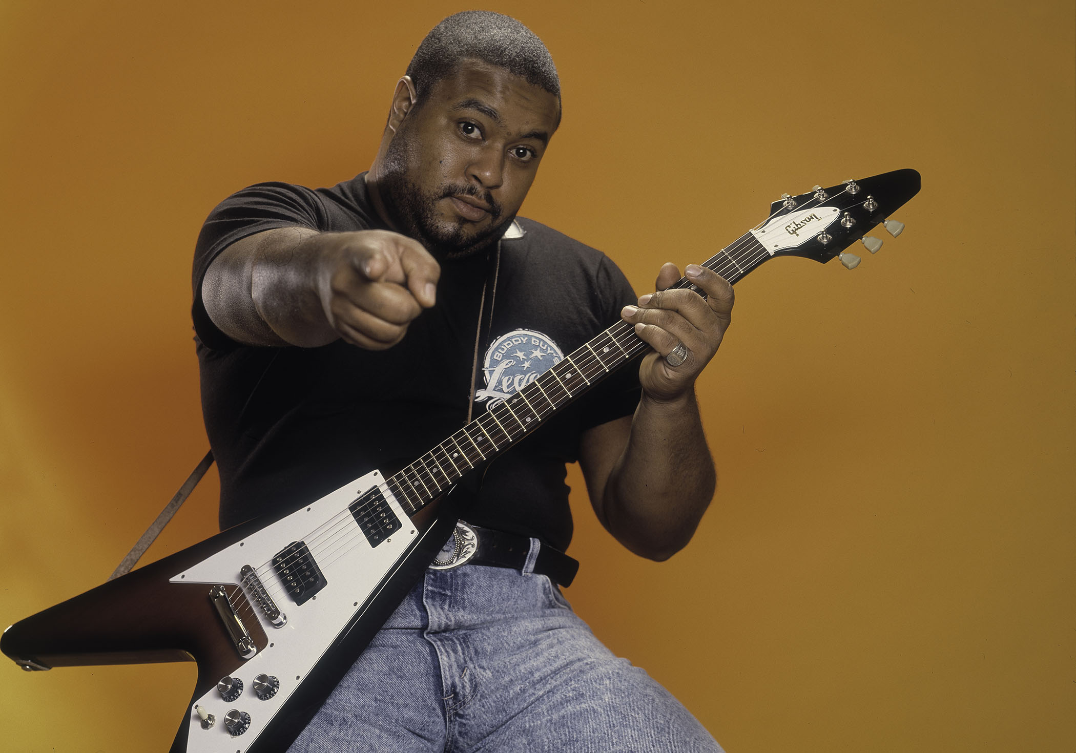 Blues hero Larry McCray pictured with his Gibson Flying V