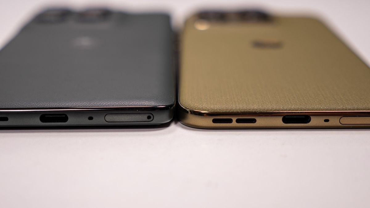 Comparing the olive green Motorola Edge 2026's design with the dark grey Motorola Edge 2025
