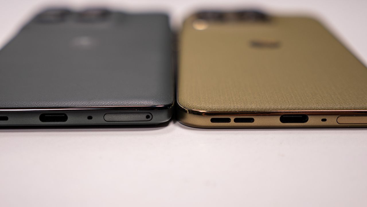 Comparing the olive green Motorola Edge 2026's design with the dark grey Motorola Edge 2025