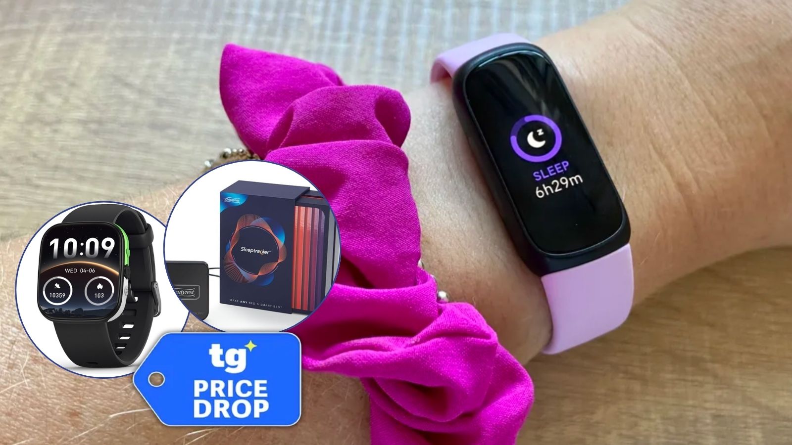 Pink and black Fitbit Inspire 3 on woman's wrist next to pink scrunchies. Inset of Apple Watch dupe, Beautyrest sleep tracker and Tom's Guide's price drop logo