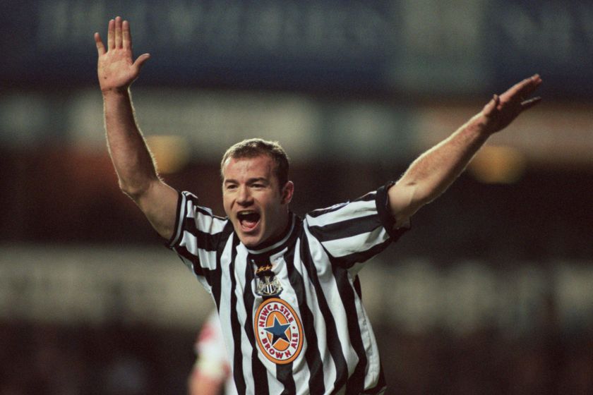 Alan Shearer celebrates after scoring for Newcastle against Stevenage in the FA Cup, 1998