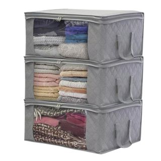 Fabric storage boxed with see through panel and zippable edges for easy stacking