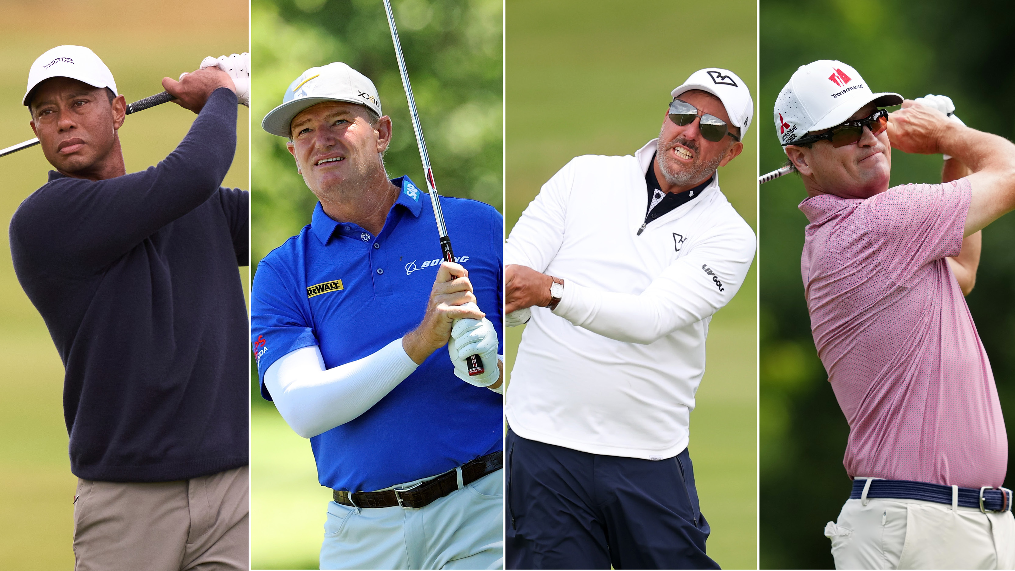 Tiger Woods, Ernie Els, Phil Mickelson and Zach Johnson holding their finishes on golf shots