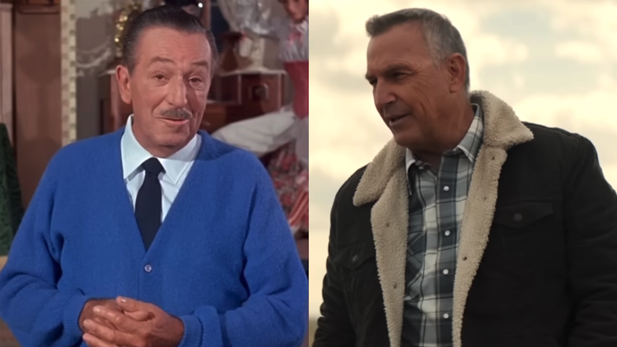 Side by side of Walt Disney talking about creating the Carousel of Progress and Kevin Costner in Let Him Go 
