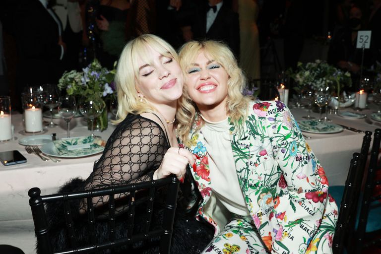 Billie Eilish and Miley Cyrus, both wearing Gucci, attend the 10th Annual LACMA ART+FILM GALA honoring Amy Sherald, Kehinde Wiley, and Steven Spielberg presented by Gucci at Los Angeles County Museum of Art on November 06, 2021 in Los Angeles, California