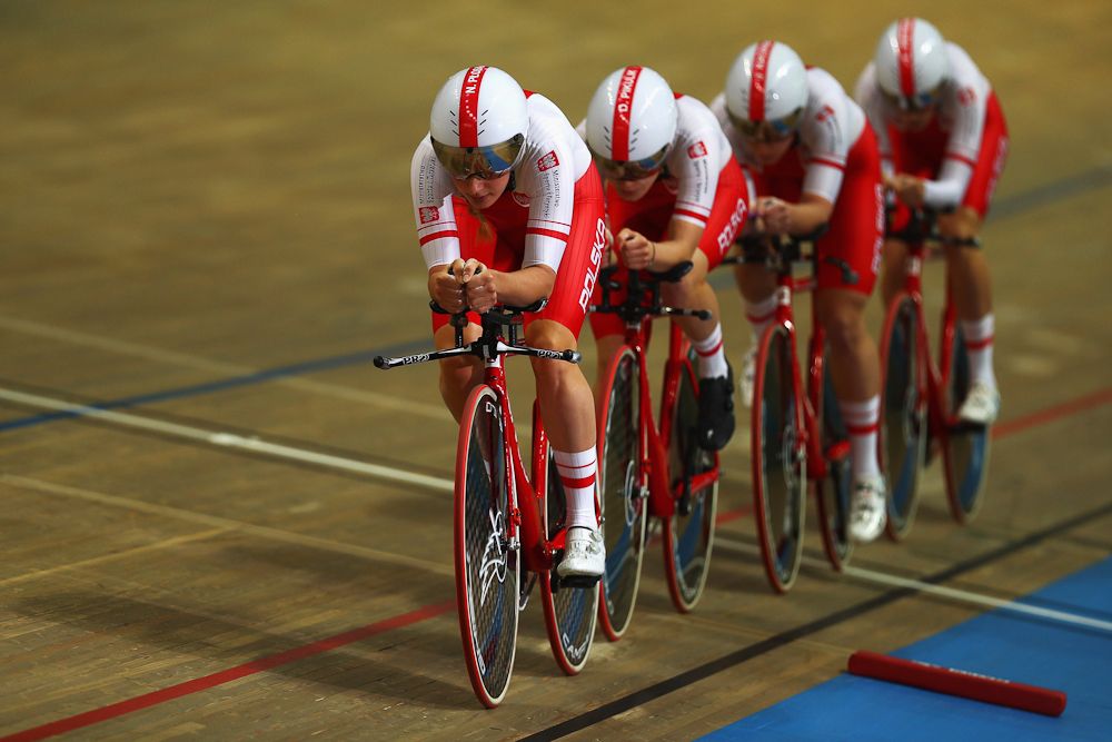 Daria Pikulik, Nikol Płosaj, Justyna Kaczkowska and Lucja Pietrzak of Poland compete in the Women's team pursuit qualifying on day one of the UCI Track Cycling World Championships