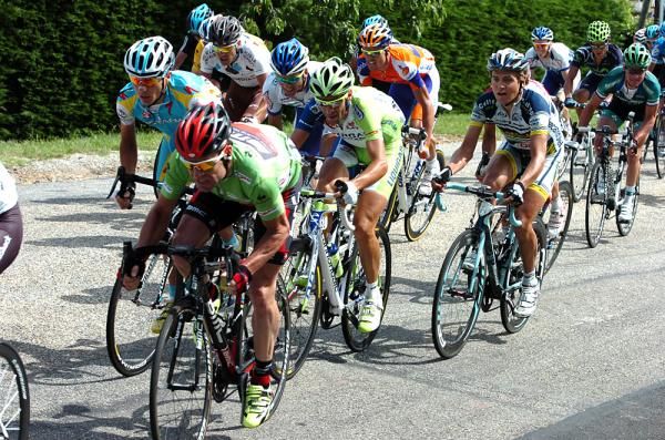 Cadel Evans in the green jersey stayed up front and attentive on stage 2 of the Dauphine
