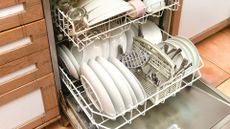 Dishwasher filled with crockery and cutlery