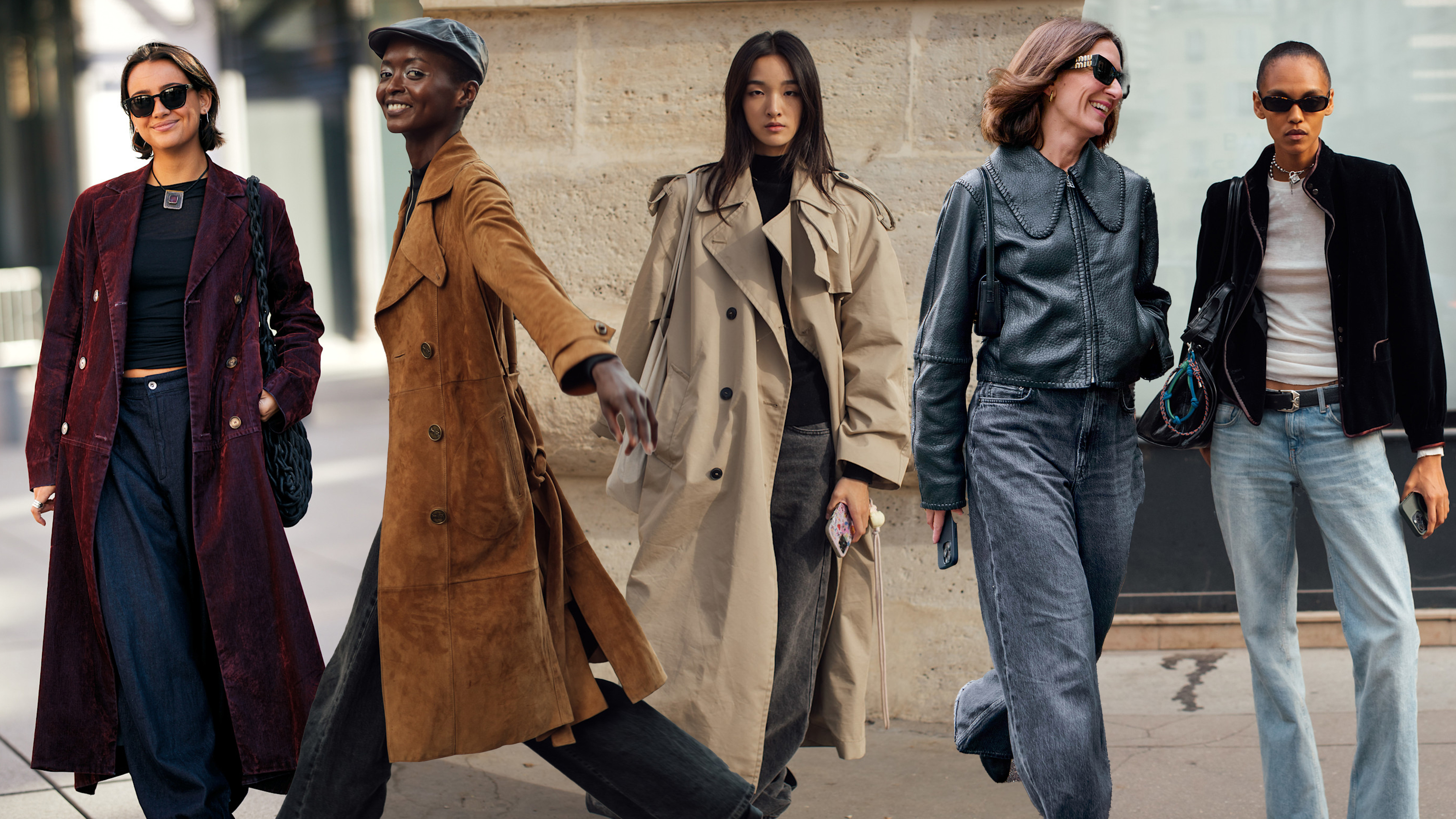 A collage of women in jackets, jeans, and boots. 