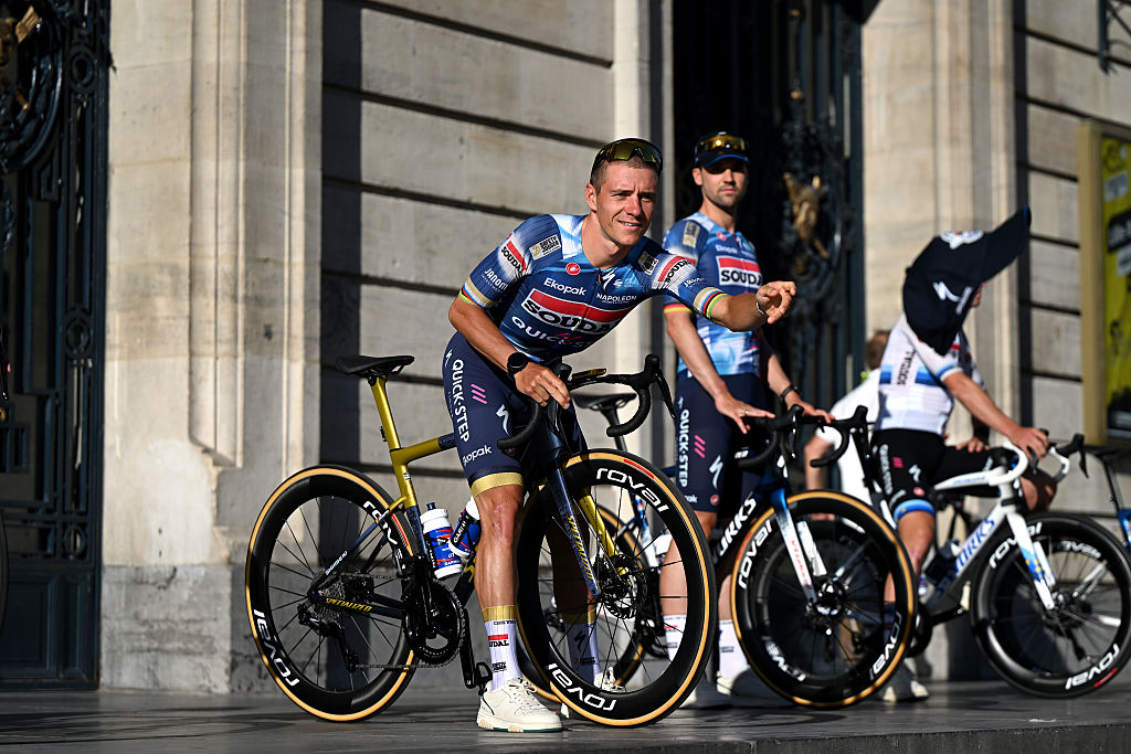 LILLE, FRANCE - JULY 03: Remco Evenepoel of Belgium and Team Soudal Quick-Step during the team presentation prior to the 112th Tour de France 2025 / #UCIWT / on July 03, 2025 in Lille, France. (Photo by Dario Belingheri/Getty Images)