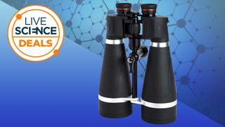 A pair of Celestron SkyMaster Pro 20x80 Binoculars, against a blue patterned background, with a Live Science Deals symbol next to it. 