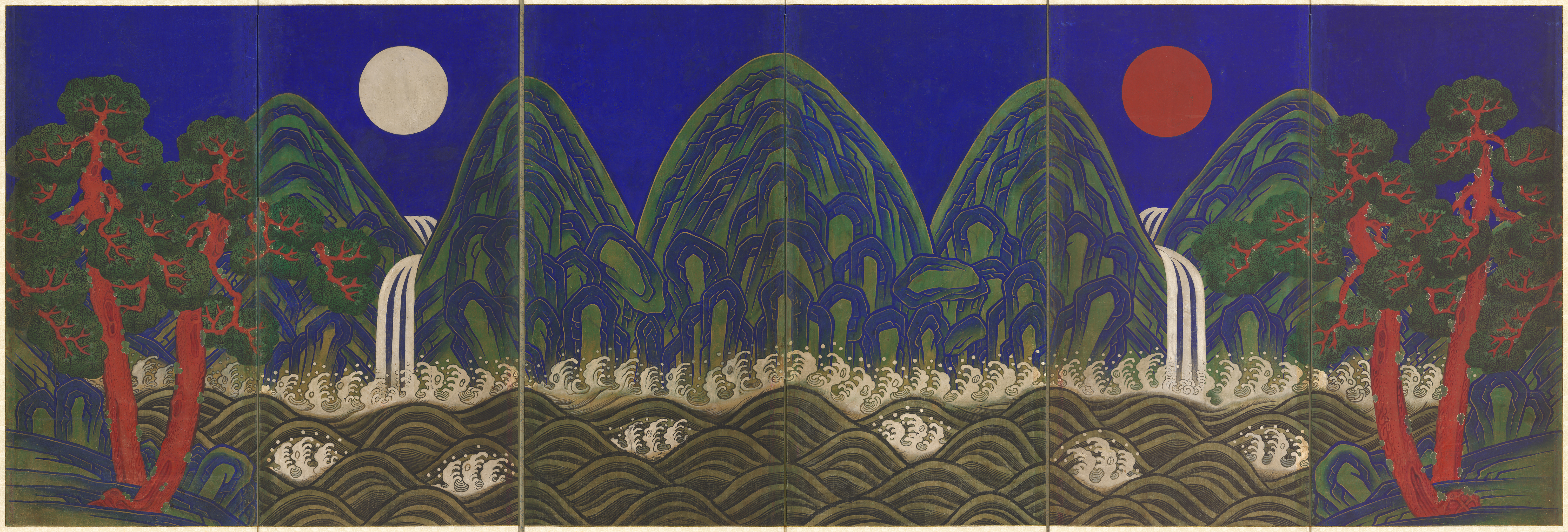 'Sun, moon and five peaks' 1800-1900 is a six panel folding-screen, ink and colour on paper.