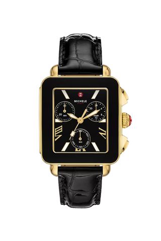 Michele Deco Sport Chronograph 18K Gold-Plated Stainless Steel Noir Leather Watch