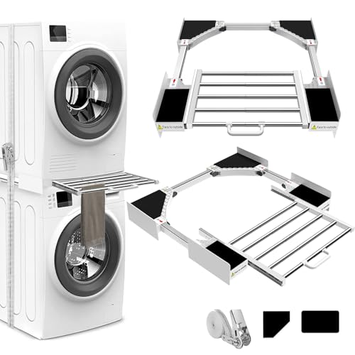 Niuxx Universal Stacking Kit for Washer and Dryer - Adjustable Stacker Frame for 53-68 Cm Tumble Washing Machine - Stackable Sliding Shelf With Ratchet Ropes &amp;amp; Anti Vibration Feet