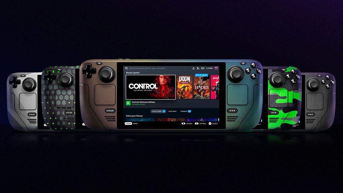 A collection of Steam Decks with Razer vinyl skins.