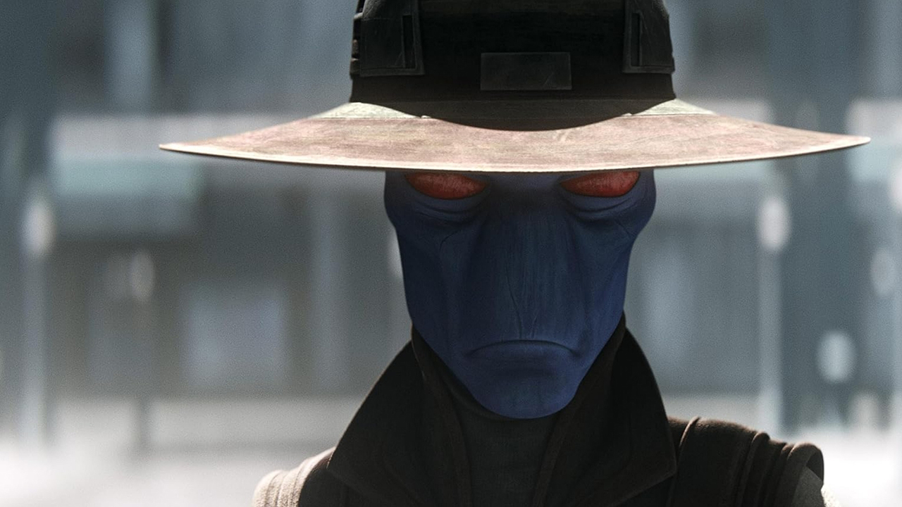  Tales of the Underworld. Close-up of Cad Bane. He is a blue male alien with red eyes and wears a cool cowboy hat.