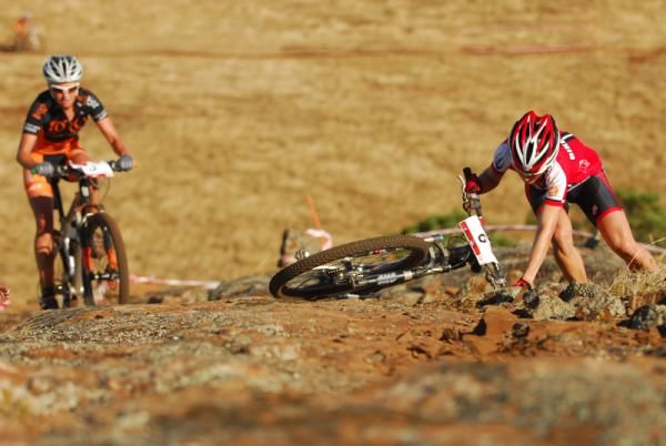 Heather Logie stumbled letting Jo Wall slip on through on the second lap.