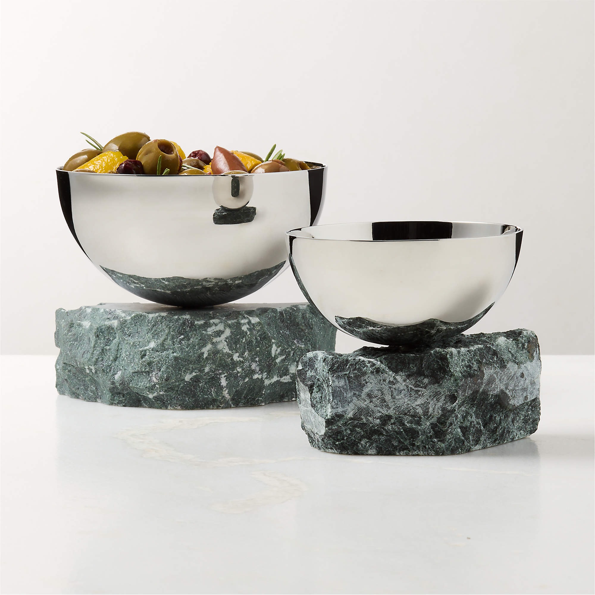 CB2, Laftin Polished Stainless Steel and Green Marble Snack Bowl 5"