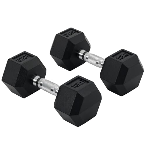 Homcom 2x10kg Rubber Hex Dumbbell Set Anti-Rolling Free Weights Dumbbells