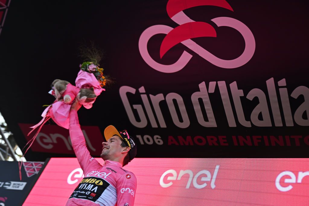Primoz Roglic wears the maglia rosa after winning the stage 20 time trial at the Giro d'Italia