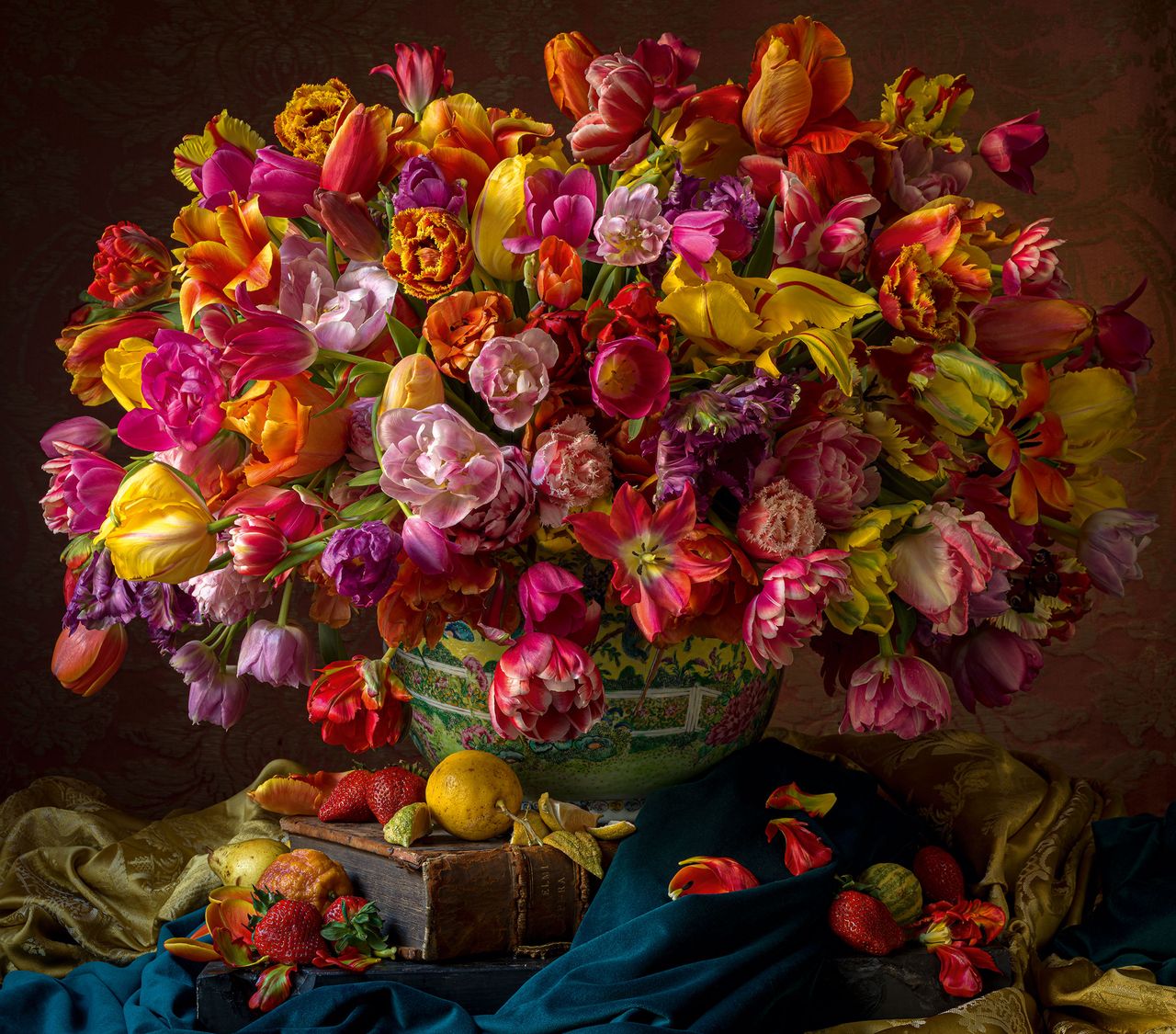 The tulipmania of the 17th century lives on in Composition XI, with parrot, double and single variety tulips bathed in golden afternoon light and set off by the odd strawberry and gnarly Italian lemon.