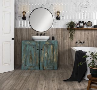 wood effect and marble effect tiles in modern bathroom