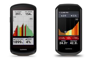 The Garmin Edge 1040 bike computer next to the Edge 1050 both showing Pro Climb screens