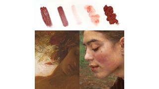 swatches of paint and two paintings of faces