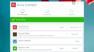The Avira Connect dashboard gives you access to all the tools in Free Security Suite. Most are preinstalled, though some have to be added separately