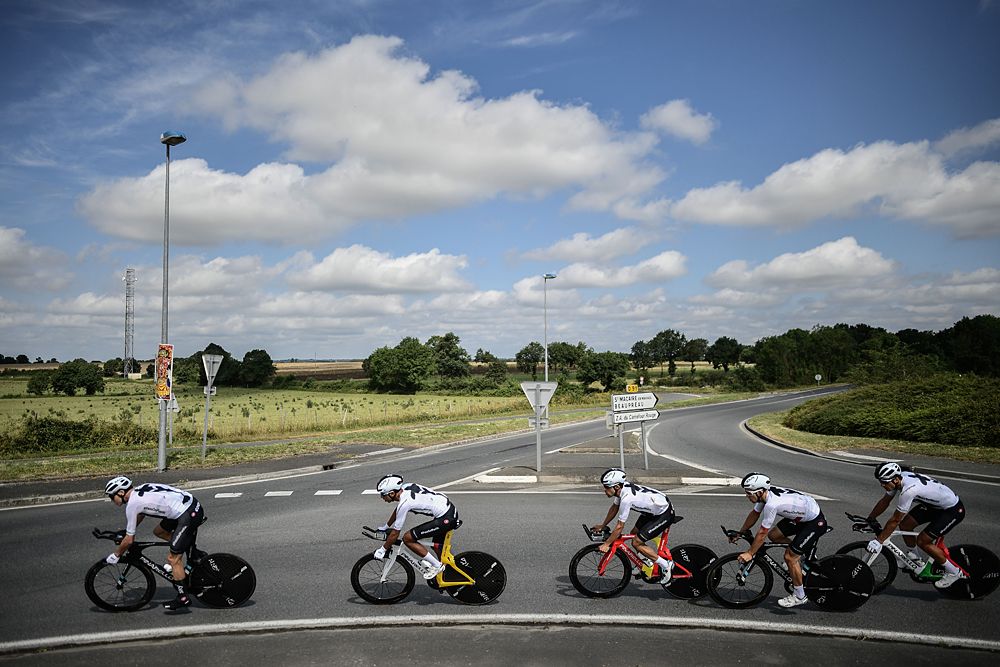 Team Sky head out for a training ride on their time trial bikes wearing new Sky Ocean Rescue kits ahead of the Tour de France