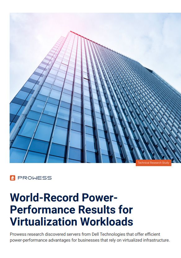 Whitepaper from Dell showcasing how Dell&#039;s PowerEdge benchmarks against real-world virtualized workload performance data, with image of a skyscraper from the ground up