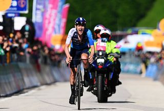 SAN VALENTINO ITALY MAY 27 Derek Gee of Canada and Team Israel Premier Tech crosses the finish line during the 108th Giro dItalia 2025 Stage 16 a 203km stage from Piazzola sul Brenta to San Valentino Brentonico 1316m UCIWT on May 27 2025 in San Valentino Italy Photo by Tim de WaeleGetty Images
