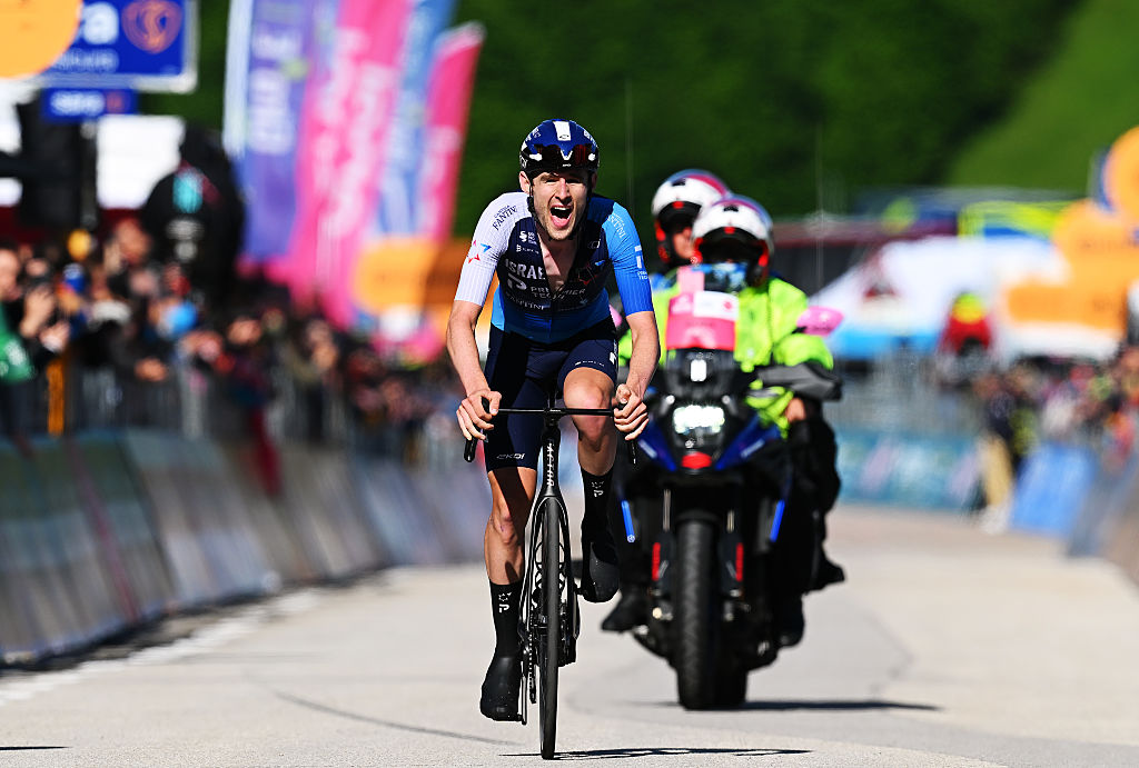 SAN VALENTINO ITALY MAY 27 Derek Gee of Canada and Team Israel Premier Tech crosses the finish line during the 108th Giro dItalia 2025 Stage 16 a 203km stage from Piazzola sul Brenta to San Valentino Brentonico 1316m UCIWT on May 27 2025 in San Valentino Italy Photo by Tim de WaeleGetty Images