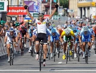 George Hincapie (High Road), 34, celebrates after winning Dauphiné Libéré stage two.