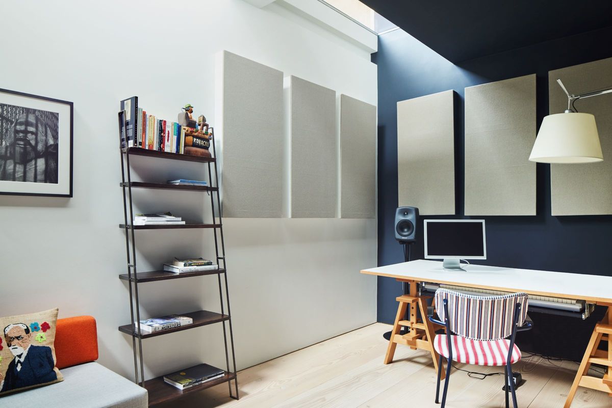 The recording studio gains light from above and can be used as a office as well