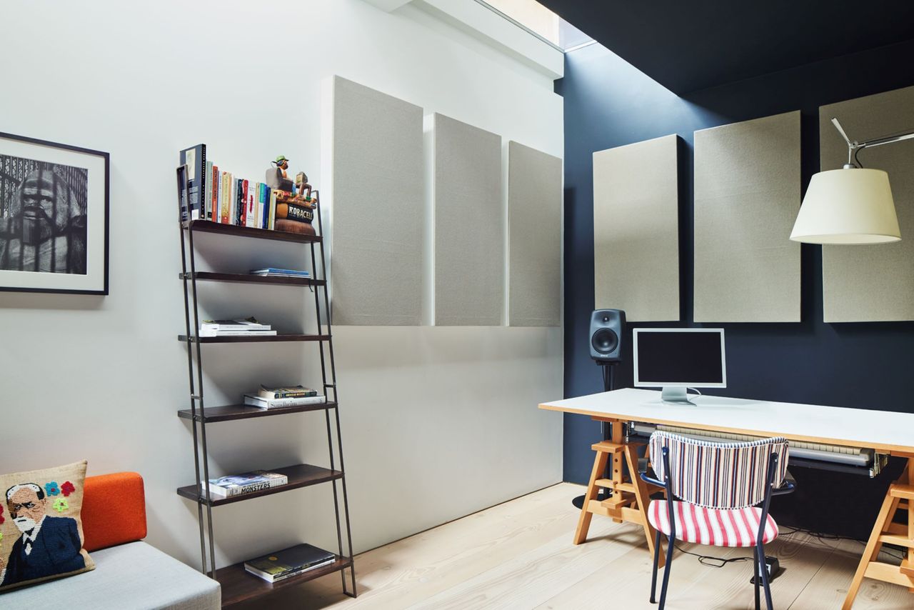 The recording studio gains light from above and can be used as a office as well