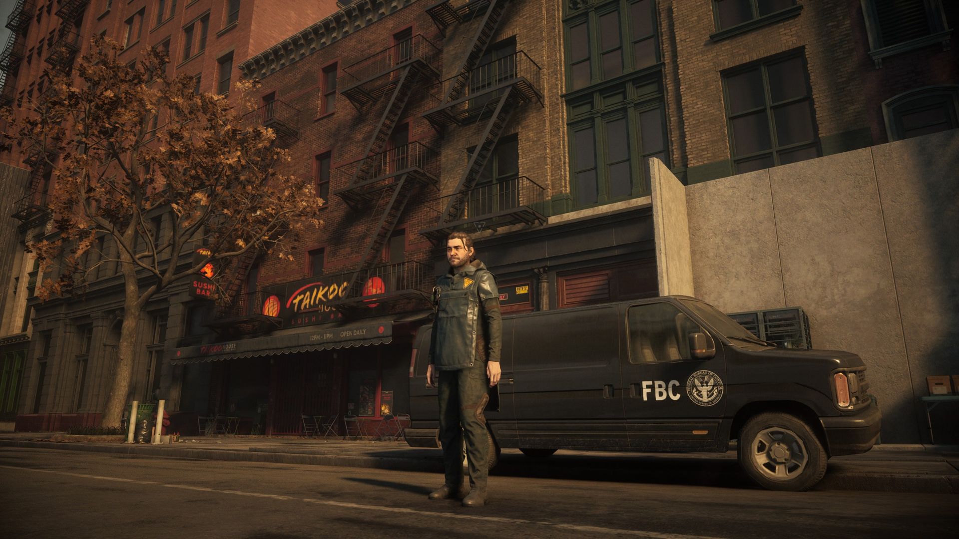 Dylan from Control Resonant, rendered in a street scene at Low settings, no ray tracing