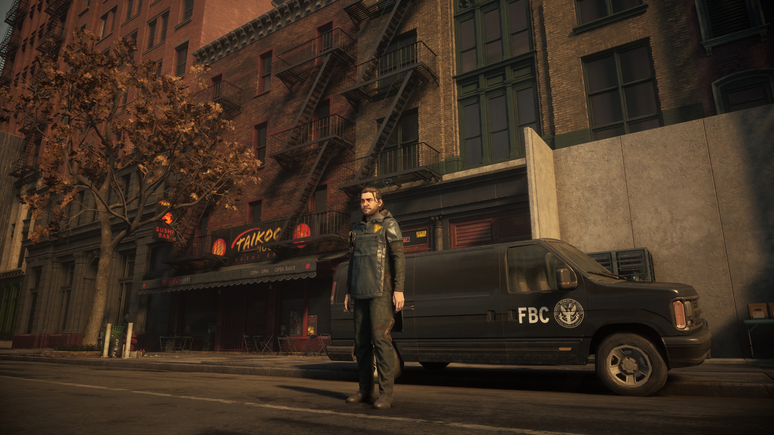 Dylan from Control Resonant, rendered in a street scene at Low settings, no ray tracing