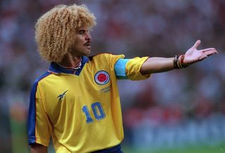 Carlos Valderrama in action for Colombia at the 1998 World Cup.