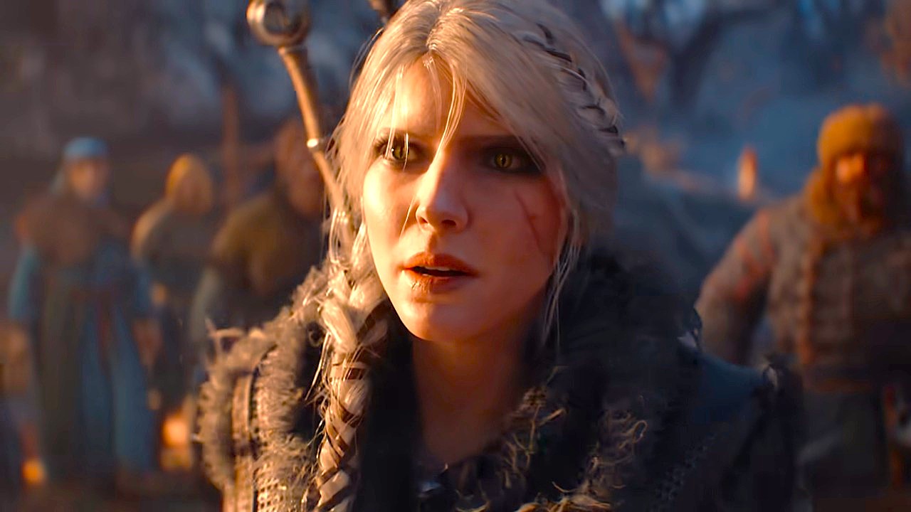 A close-up of a woman with long white hair, a scar on her cheek, and intense yellow eyes, wearing a dark fur-lined cloak in a dimly lit setting.
