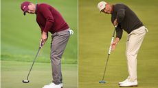 Adam Scott hits a putt with two putters