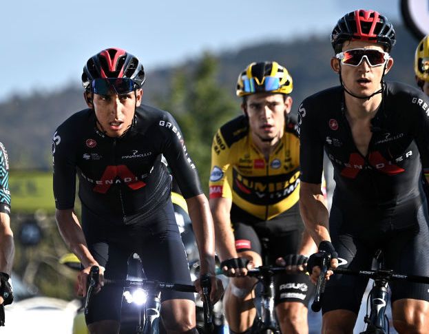 Wout van Aert rides behind Egan Bernal at the 2020 Tour de France