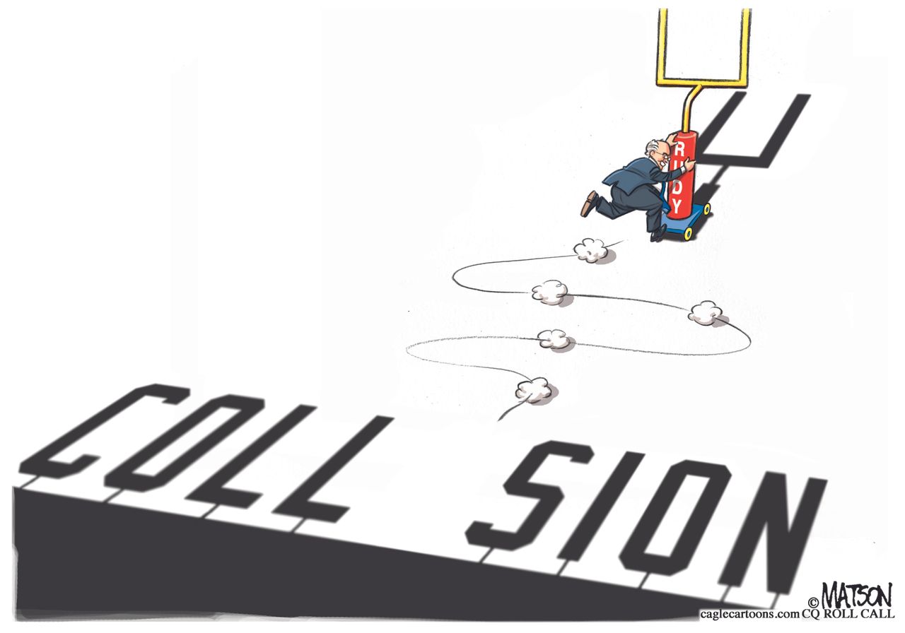 Political cartoon U.S. Rudy Giuliani collusion Trump goal posts Russia investigation