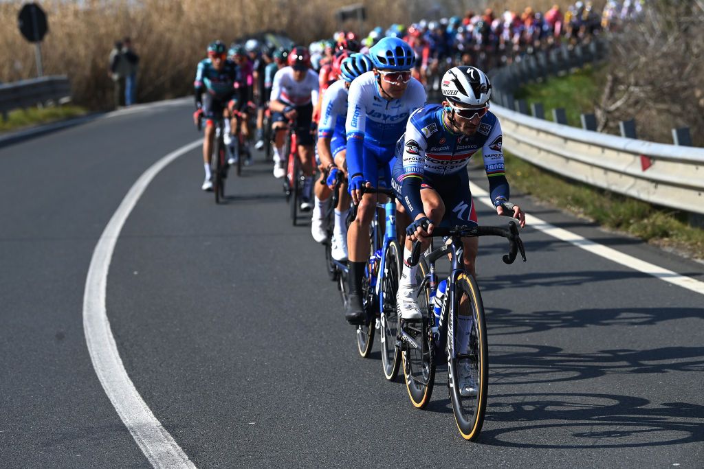 FOLLONICA ITALY MARCH 07 Julian Alaphilippe of France and Team Soudal QuickStep competes during the 58th TirrenoAdriatico 2023 Stage 2 a 210km stage from Camaiore to Follonica TirrenoAdriatico on March 07 2023 in Follonica Italy Photo by Tim de WaeleGetty Images